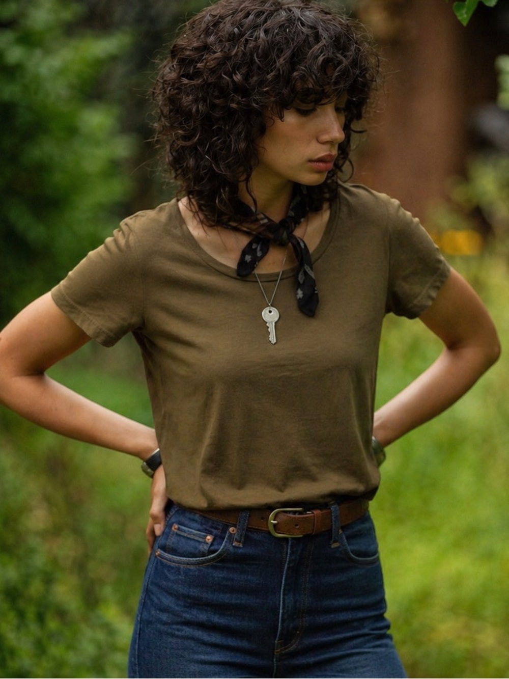 Road To Nowhere Teresa Tee Cotton Olive Brown Tee Shirt XS